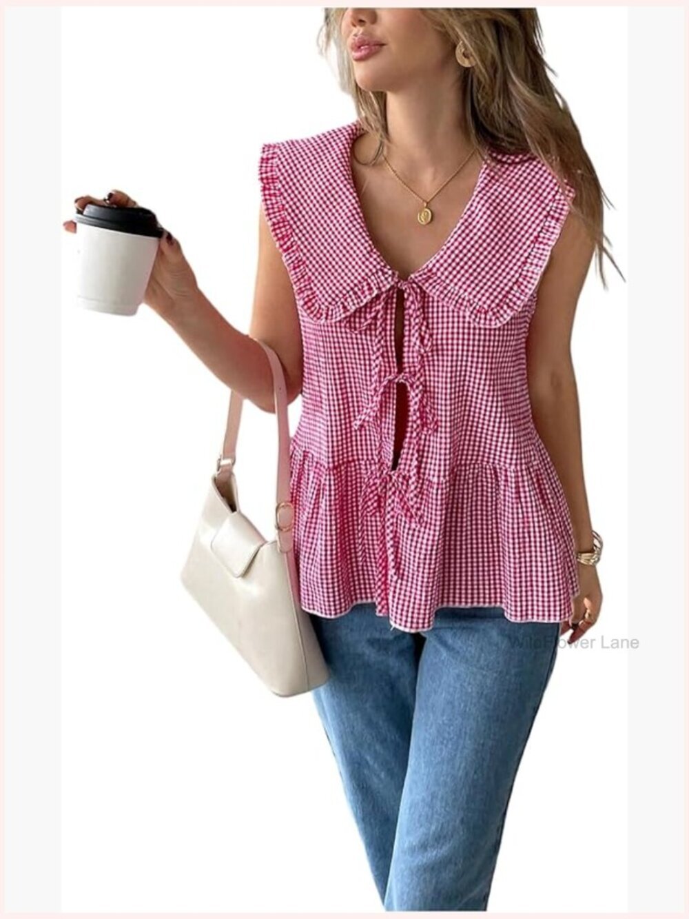Gingham Tie Front Peplum Top Sleeveless Collared Ruffle Blouse